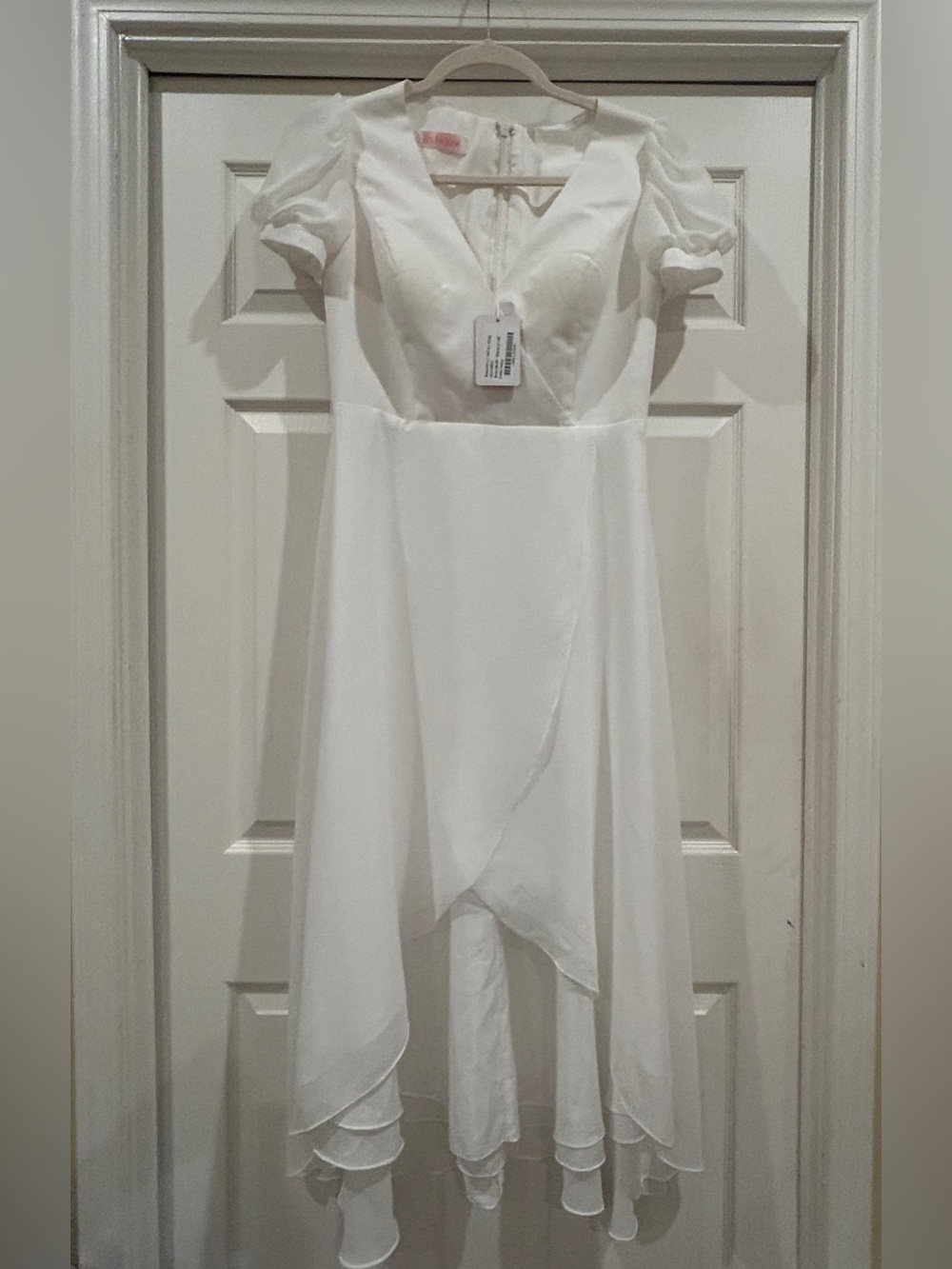 JJsHouse White V-Neck High-Low Dress with Puff Sleeves